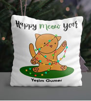 Kişiye Özel Happy Meow Year Kedi Tasarımlı Yastık (Beyaz)