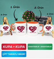 İkili Turuncu Love Tasarımlı Sevgililer Günü Hediyesi Kupa Bardak Anahtarlık
