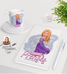 BK Gift Kişiye Özel Pamuk Prenses Karikatürlü Beyaz Defter Kalem Türk Kahvesi Fincanı Seti-1 (Model 1)
