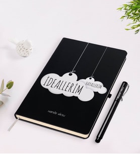 BK Gift Kişiye Özel İsimli İdeallerim Hayallerim Tasarımlı Siyah Defter Kalem Seti-1