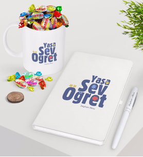 BK Gift Kişiye Özel Yaşa Sev Öğret Beyaz Defter Kalem Şekerli Kupa Seti-2 (Model 1)