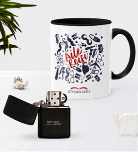BK Gift Kişiye Özel Aile Reisi Siyah Kupa Bardak Benzinli Metal Çakmak Seti (Model 1)