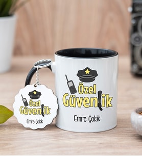 Özel Güvenlik Siyah Kupa Bardak Ve Anahtarlık Set