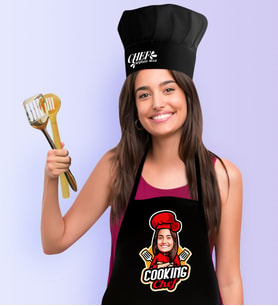 BK Gift Kişiye Özel Bayan Chef Karikatürlü Siyah Mutfak Önlüğü Aşçı Şapkası Seti-11