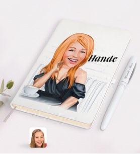 BK Gift Kişiye Özel Kadın Moda İkonu Karikatürlü Beyaz Defter ve Kalem Hediye Seti-3