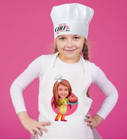 BK Gift Kişiye Özel Küçük Chef Karikatürlü Kız Çocuk Mutfak Önlüğü ve Aşçı Şapkası Seti-8 (Beyaz)