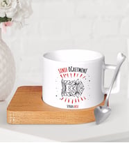 BK Gift Kişiye Özel Sınıf Öğretmeni Ahşap Altlıklı Seramik Fincan-11 (Beyaz)