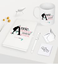 BK Gift Kişiye Özel Anne Demek Hayat Demek Beyaz Defter Kalem Kupa Ayna Seti (Model 1)