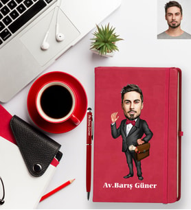 Kişiye Özel Avukat Karikatürlü Kırmızı Defter Kalem Hediye Seti Bay-1