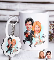 BK Gift Kişiye Özel Sevgililer Karikatürlü Beyaz Kupa ve Anahtarlık Hediye Seti-15 (Model 1)