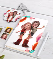BK Gift Kişiye Özel Kız Kardeşler Karikatürlü Beyaz Defter Kalem ve Anahtarlık Hediye Seti-5 (Model 1)
