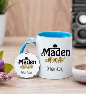 Maden Mühendisi Mavi Kupa Bardak Ve Anahtarlık Set
