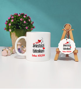 En Tatlı Anestezi Teknikeri Hediye Kupa Bardak ve Ahşap Anahtarlık Hediye Seti