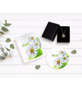 BK Gift Kişiye Özel Papatya Temalı Kupa Bardak Altlığı ve Kar Tanesi Kolye Seti-7 (Model 1)