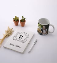 Kişiye Özel Beyaz Defter Kalem Fotoğraflı Kupa Seti 01