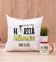 Harita Mühendisi Kare Yastık ve Kırmızı Kupa Bardak