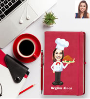 Kişiye Özel Aşçı Karikatürlü Kırmızı Defter Kalem Hediye Seti Bayan-2