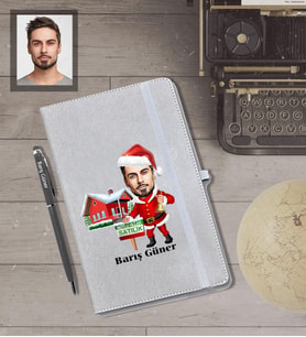 Kişiye Özel Yılbaşı Erkek Karikatürlü Gri Defter Kalem Hediye Seti Model-11