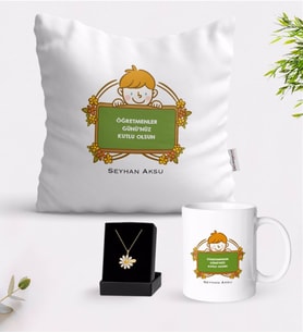 BK Gift Kişiye Özel Öğretmenler Günümüz Kutlu Olsun Beyaz Kupa Yastık ve İsimli Papatya Kolye Hediye Seti-4 (Model 1)