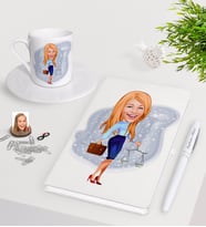 BK Gift Kişiye Özel Bayan Avukat Karikatürlü Beyaz Defter Kalem Türk Kahvesi Fincanı Seti-3 (Model 1)