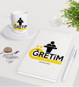 BK Gift Kişiye Özel Öğretim Görevlisi Beyaz Defter Kalem Türk Kahvesi Fincanı Seti (Model 1)