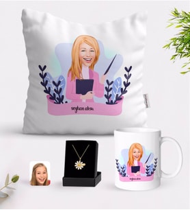 BK Gift Kişiye Özel Bayan Sınıf Öğretmeni Karikatürlü Beyaz Kupa Yastık ve İsimli Papatya Kolye Hediye Seti-2 (Model 1)
