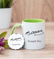 Atatürk İmzalı Yeşil Kupa Bardak Ve Anahtarlık Set