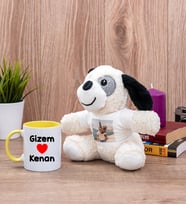 Sevgililere Özel İsim Yazılı Sarı Kupa Bardak ve Peluş Köpek