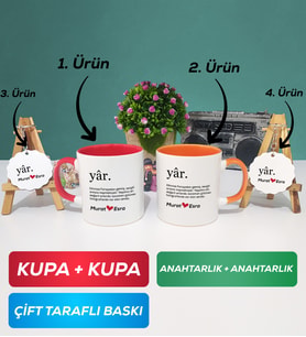 İkili Kırmızı Turuncu Yâr Sevgililer Günü Hediyesi Kupa Bardak Anahtarlık