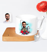 BK Gift Kişiye Özel Balıkçı Karikatür Ahşap Altlıklı Seramik Fincan  1