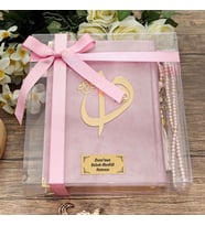 Hediyelik Kadife Kur'an-ı Kerim (Orta Boy), İnci Tesbih, Asetat Kutulu (25×18) Dini Set-Pembe (Model 1)