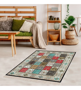 Kırkyama Patchwork Desenli Etnik Dijital Baskı Yıkanabilir Kaymaz Taban Salon Halı ve Yollu (Siyah)