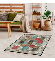 Kırkyama Patchwork Desenli Etnik Dijital Baskı Yıkanabilir Kaymaz Taban Salon Halı ve Yollu (Siyah)