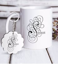 BK Gift Kişiye Özel Kaligrafi Harfli Beyaz Kupa ve Anahtarlık Hediye Seti-1 (Model 1)