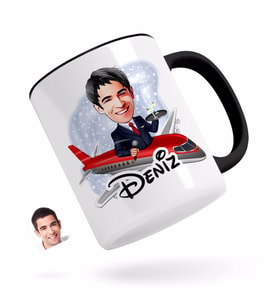 BK Gift Kişiye Özel Erkek Uçuş Görevlisi Karikatürlü Siyah Kupa Bardak-1