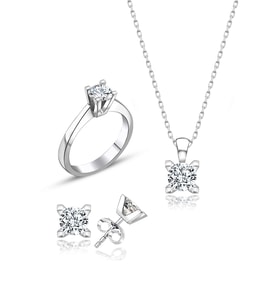 Swarovski Taşlı " TEK TAŞ KLASİK " Model Tasarım Gümüş Set