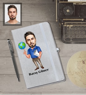 Kişiye Özel Öğretmen Karikatürlü Gri Defter Kalem Hediye Seti  Bay-10