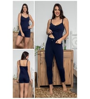 MyBen Kadın Lacivert Renkli Dantel Detaylı Şortlu ve Taytlı Pijama Takımı 3'lü Set 75019