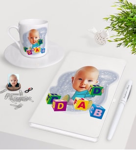 BK Gift Kişiye Özel Bebek Karikatürlü Beyaz Defter Kalem Türk Kahvesi Fincanı Seti-5 (Model 1)