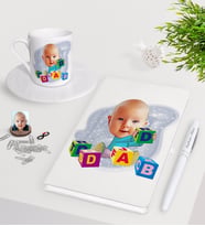 BK Gift Kişiye Özel Bebek Karikatürlü Beyaz Defter Kalem Türk Kahvesi Fincanı Seti-5 (Model 1)