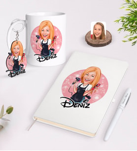 BK Gift Kişiye Özel Kadın Kuaför Karikatürlü Beyaz Defter Kalem Kupa ve Anahtarlık Hediye Seti-3 (Model 1)