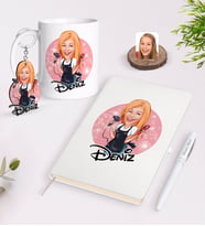 BK Gift Kişiye Özel Kadın Kuaför Karikatürlü Beyaz Defter Kalem Kupa ve Anahtarlık Hediye Seti-3 (Model 1)