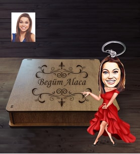 Kişiye Özel Bayan Karikatürlü Ahşap Anahtarlık Kutulu Model-7