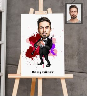 Kişiye Özel Klarnetçi Karikatürlü  Ahşap Tablo 30x47 Bay-1