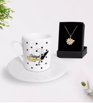 BK Gift Kişiye Özel Edebiyat Öğretmeni Türk Kahvesi Fincanı ve İsimli Papatya Kolye Hediye Seti-3 (Model 1)