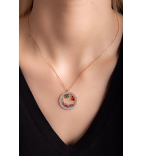 Uğur Böcekli - Yoncalı Zirkon Taşlı Rose 925 Ayar Gümüş Küpe-Kolye Takım (Kırmızı-Rose Gold)