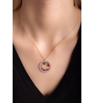Uğur Böcekli - Yoncalı Zirkon Taşlı Rose 925 Ayar Gümüş Küpe-Kolye Takım (Kırmızı-Rose Gold)