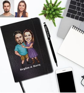 Kişiye Özel Sevgili Karikatürlü Siyah Defter Kalem Hediye Seti Model 1