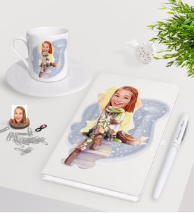 BK Gift Kişiye Özel Bayan Karikatürlü Beyaz Defter Kalem Türk Kahvesi Fincanı Seti-17 (Model 1)