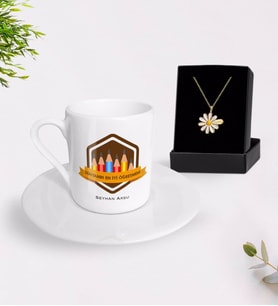 BK Gift Kişiye Özel Dünyanın En İyi Öğretmeni Türk Kahvesi Fincanı ve İsimli Papatya Kolye Hediye Seti-21 (Model 1)